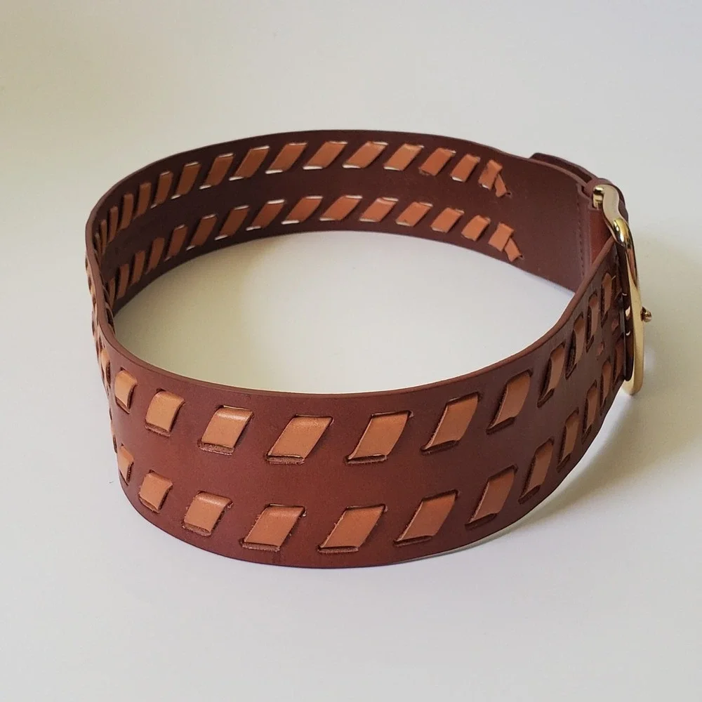 Chicos Wide Woven Leather Hip Belt Medium‎ Brown Tan Adjustable Boho Western